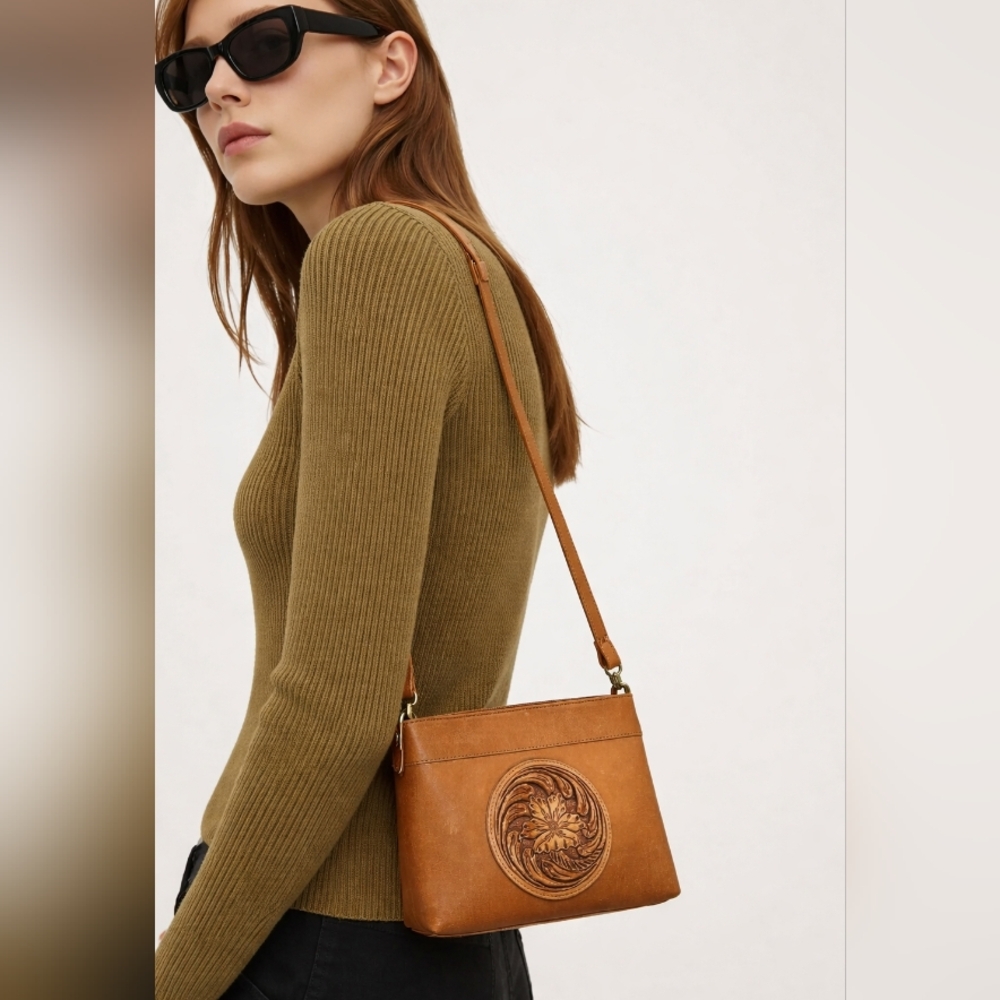 Elegant Tan Hand Tooled Leather Shoulder Bag